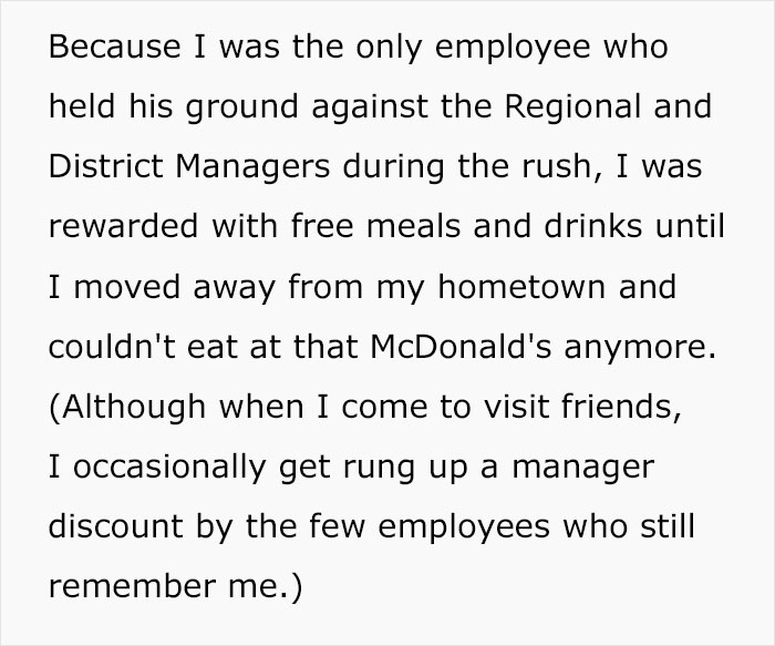 Text about an employee who strictly follows break policy, leading to free meals and discounts. Text about an employee who strictly follows break policy, leading to free meals and discounts.