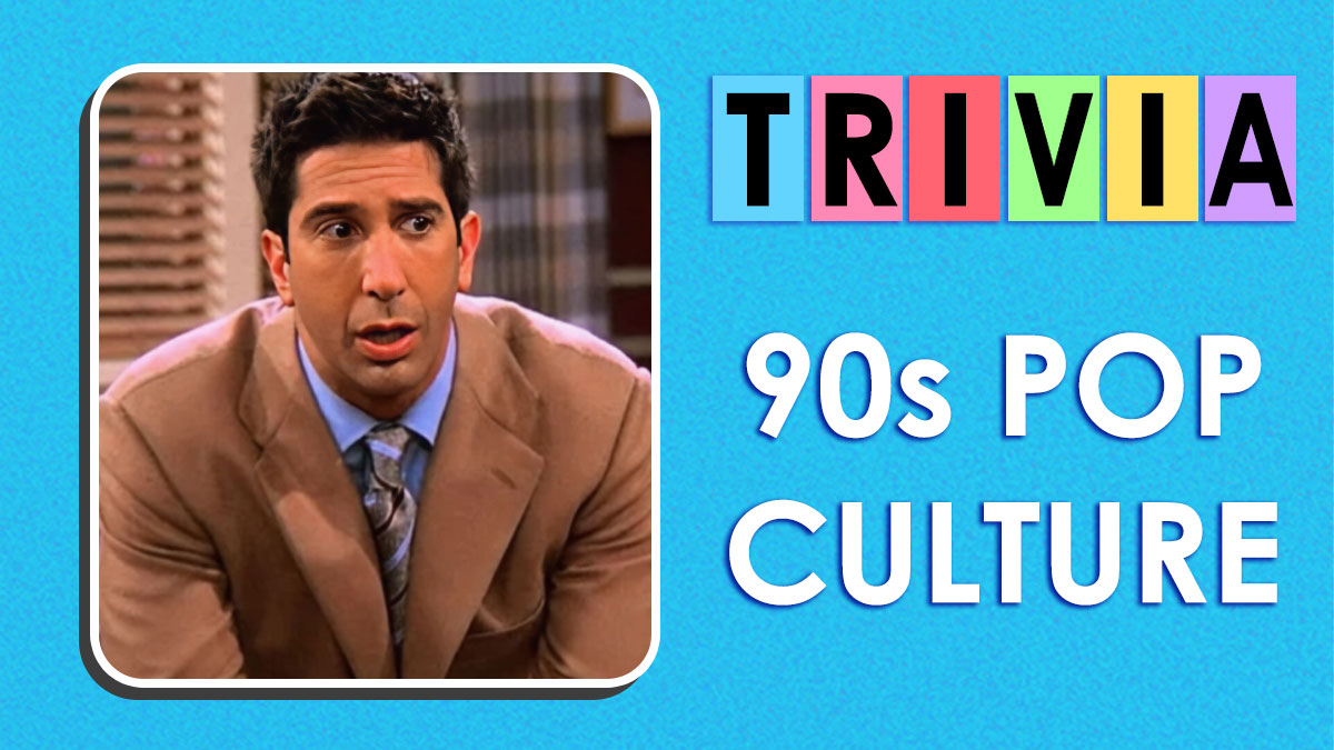 Man in brown suit on 90s TV show with colorful trivia letters and 90s pop culture text on blue background.