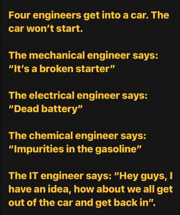 Funny dad joke post featuring engineers diagnosing a car that won't start with humorous punchline in orange text on black background.