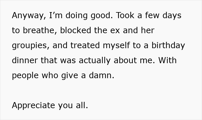 Text expressing satisfaction after celebrating a personal birthday dinner without the ex. Text expressing satisfaction after celebrating a personal birthday dinner without the ex.