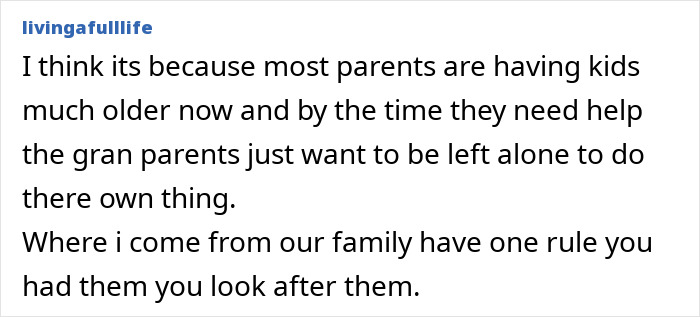 Comment on grandparenting double standards, discussing parental age and family rules about caring for children. Comment on grandparenting double standards, discussing parental age and family rules about caring for children.