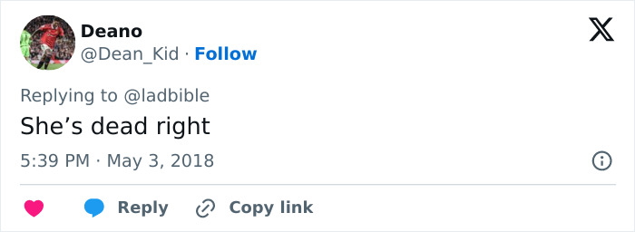 Tweet by Deano, agreeing with a comment related to female reporter's assault, timestamp shown. Tweet by Deano, agreeing with a comment related to female reporter's assault, timestamp shown.