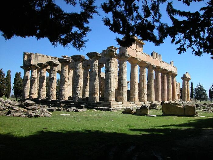 Ancient man-made stone structure with columns in a grassy field under a clear blue sky surrounded by trees.