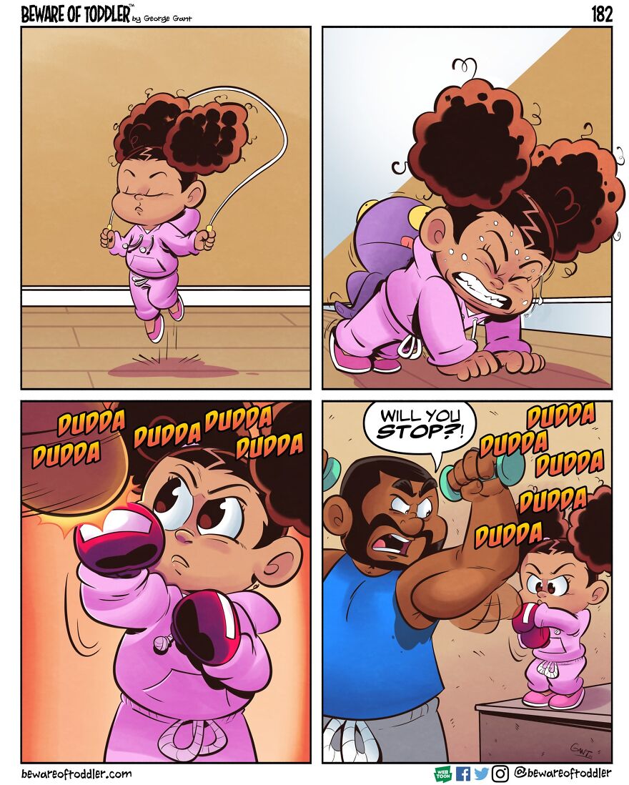 Stay-at-home parent comic strips showing a toddler’s funny and intense boxing workout at home.