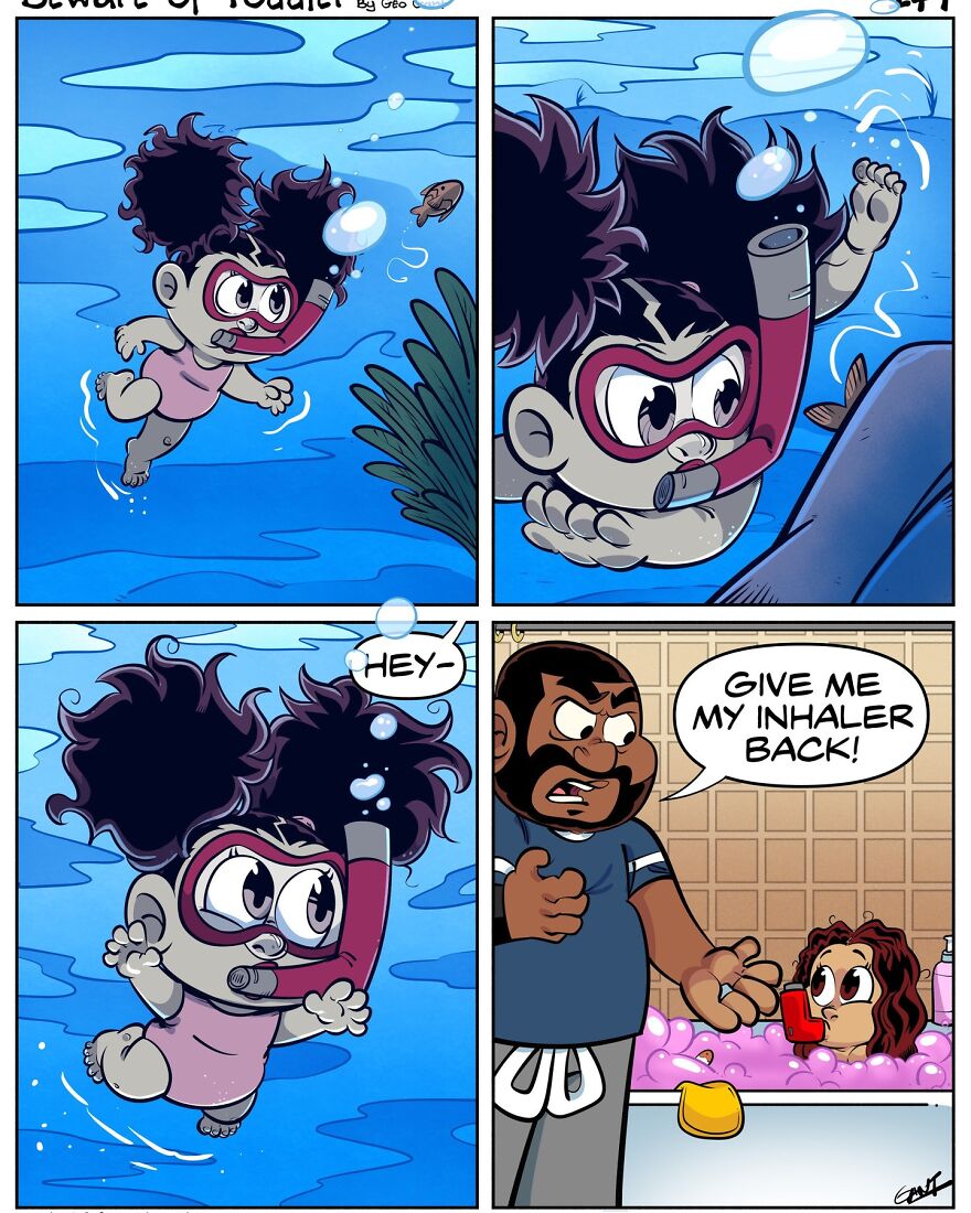 Comic panels showing a child underwater with a snorkel mask and a parent asking for an inhaler in a humorous stay-at-home parenting scene.