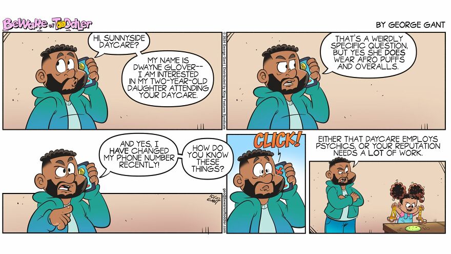 Stay-at-home parent comic showing a dad humorously calling daycare about his daughter’s attendance and phone number.