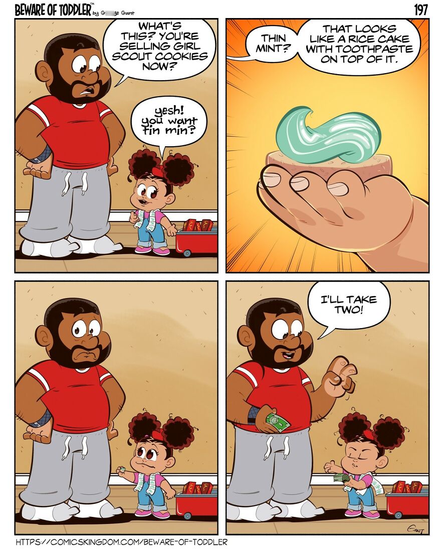 Comic strip illustrating a stay-at-home parent humorously interacting with toddler selling Girl Scout cookies.