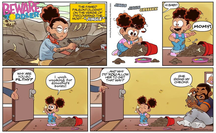 Comic strip showing a stay-at-home parent and child in a humorous messy dinosaur bone discovery scene.
