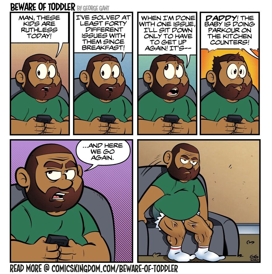 Comic strip showing a stay-at-home parent dealing with toddler chaos in a humorous parenting experience.