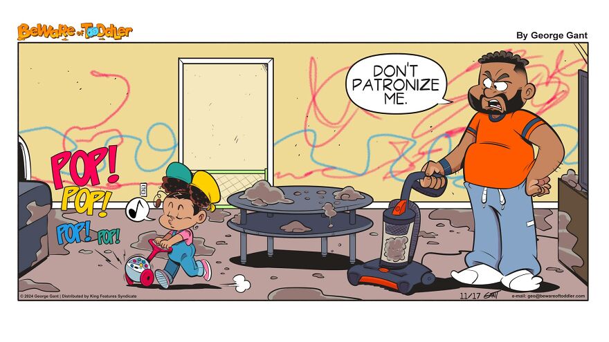Stay-at-home parent comic showing frustrated dad vacuuming while child plays with a noisy popper indoors.