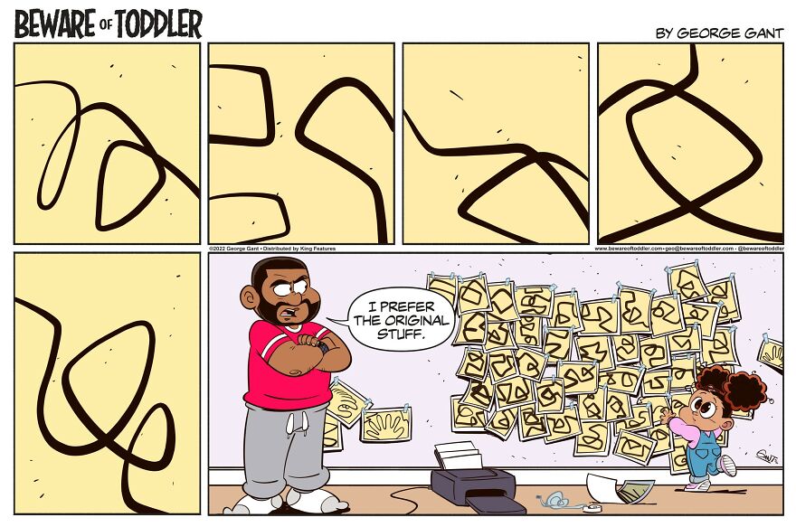 Stay-at-home parent comic shows toddler’s abstract drawings covering a wall while dad prefers original artwork.