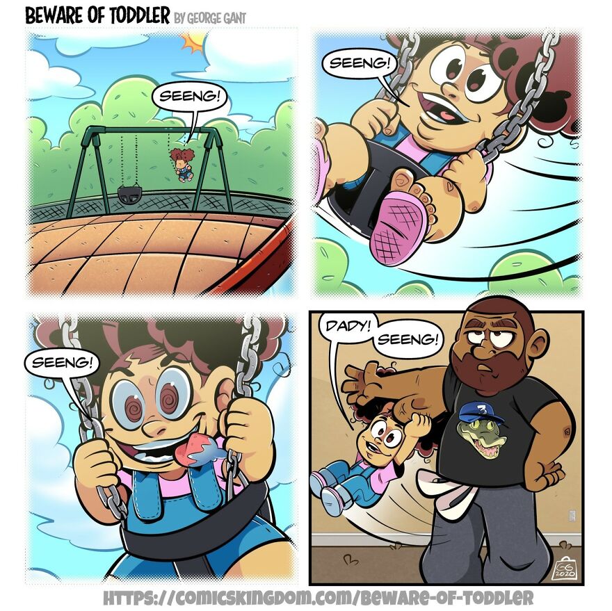 Comic panels show a toddler on a swing shouting Seeng with a stay-at-home parent interacting in humorous moments.