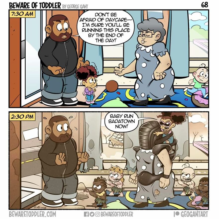 Comic panels showing a stay-at-home parent humorously managing toddler chaos based on real parenting experiences.