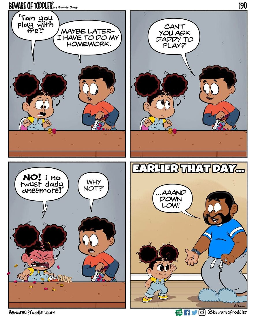 Comic strip depicting stay-at-home parenting moments with kids asking to play and a frustrated toddler scene.