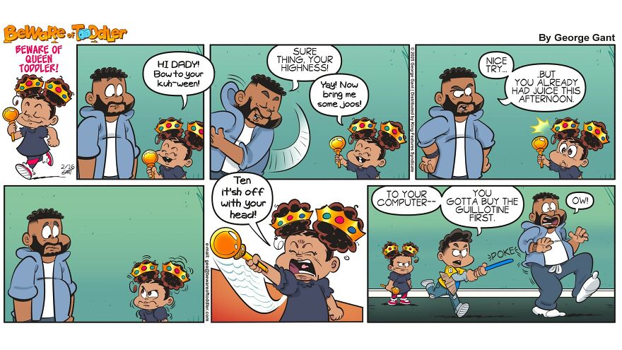 Comic strip showing humorous moments between a stay-at-home parent and playful toddler in a colorful cartoon style.