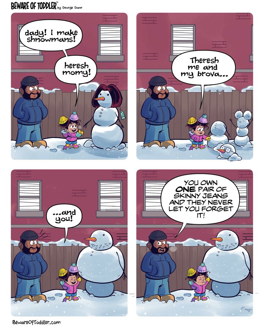 Comic strip by George Gant showing a stay-at-home parent and toddler building snowmen, highlighting parenting humor.