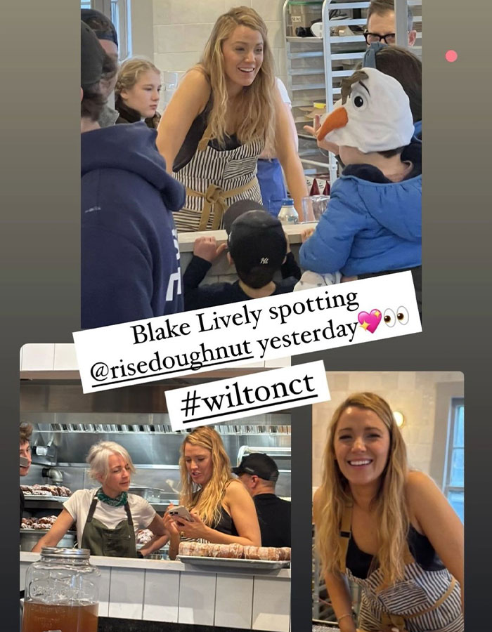 Blake Lively at a donut shop, engaging with customers in an apron. Blake Lively at a donut shop, engaging with customers in an apron.