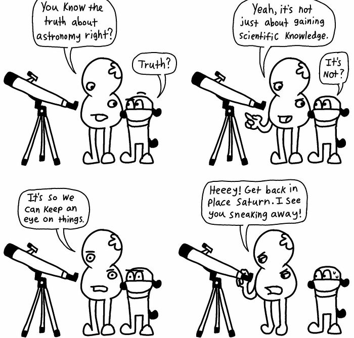 Two cartoon characters with a telescope, humorously discussing astronomy in a Boring World Comics strip.
