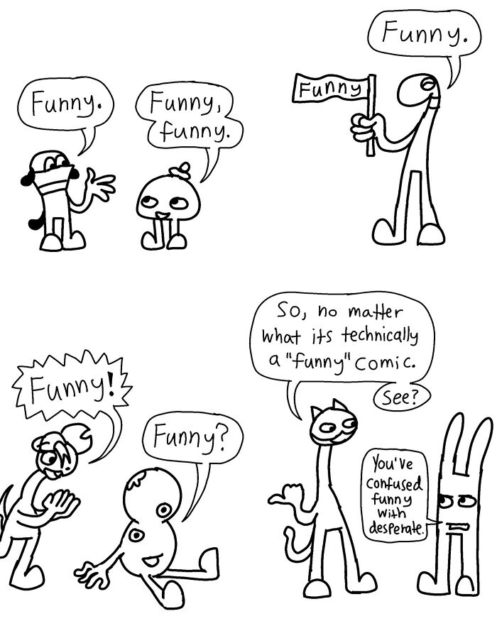 Absurd characters declaring "funny" in a witty comic by Boring World Comics.