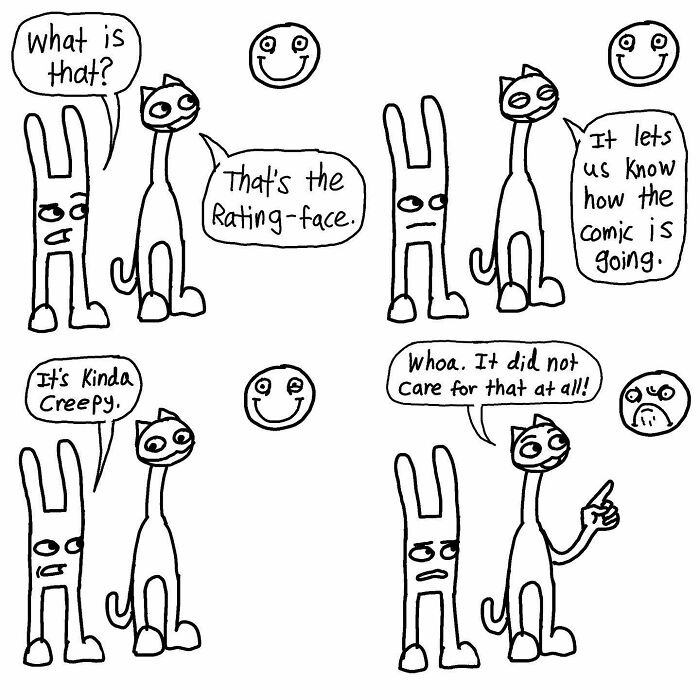 Two cartoon characters discuss a comic's rating-face with humorous, absurd reactions.