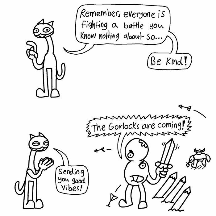 Comic by Boring World Comics features absurd characters discussing kindness amidst a humorous chaos of Gorlocks.