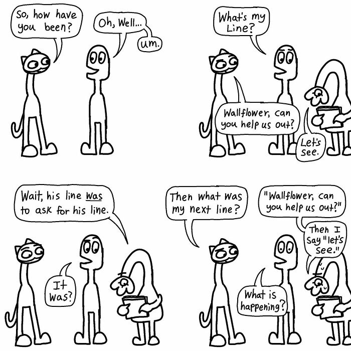 Absurdity and wit in a comic with three characters, one needing help remembering their line.