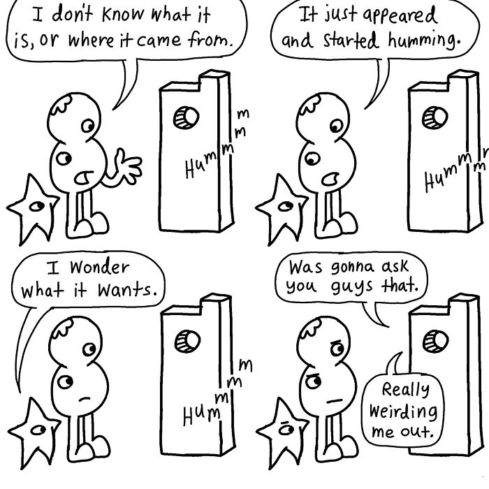 Absurd comic with characters puzzled by a humming object, blending wit and humor.