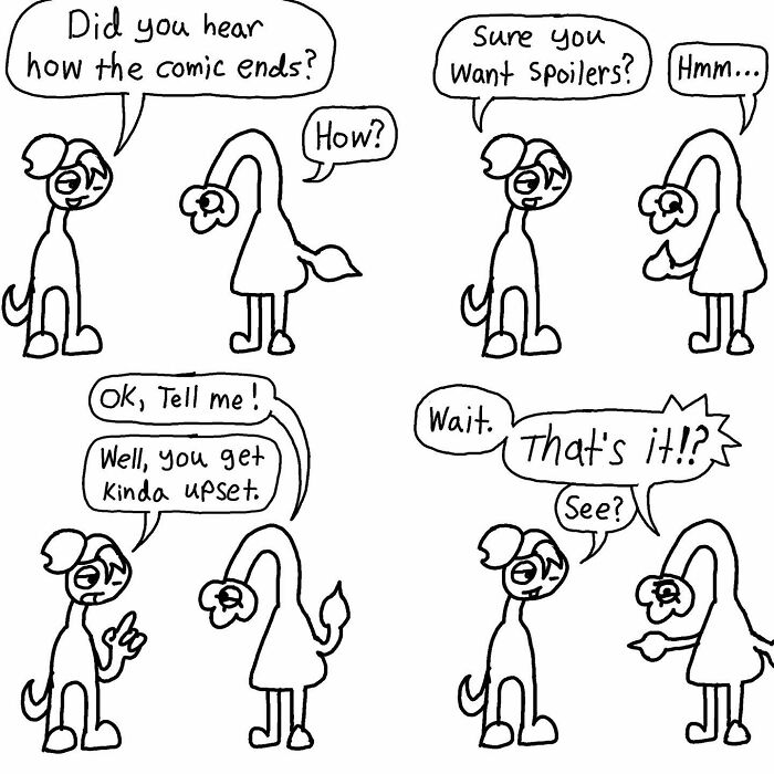 Two characters humorously discussing a comic ending. One asks for spoilers, leading to a witty and absurd punchline.