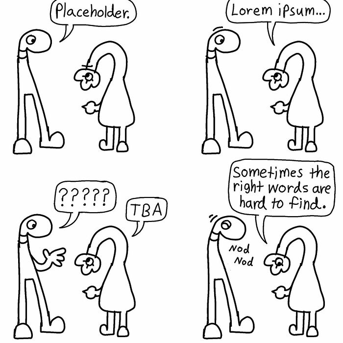 Two characters struggle to find words in a comic by Boring World Comics, blending absurdity with wit.