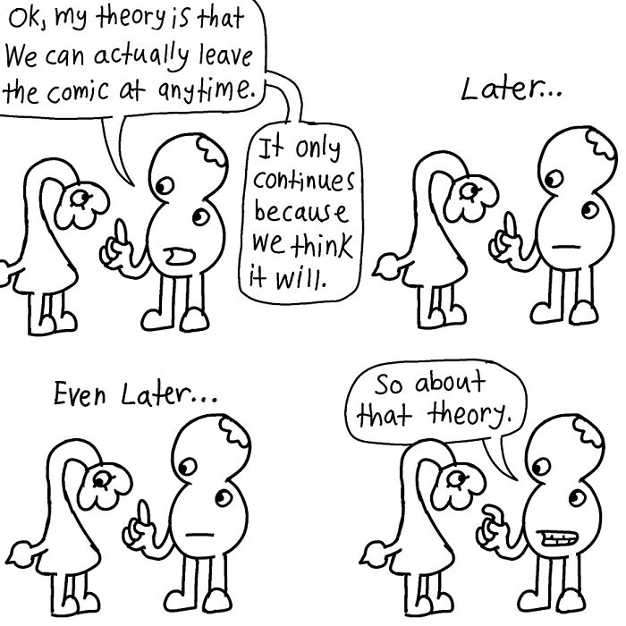 Two cartoon characters discuss leaving the comic, showcasing the absurdity and wit of Boring World Comics.