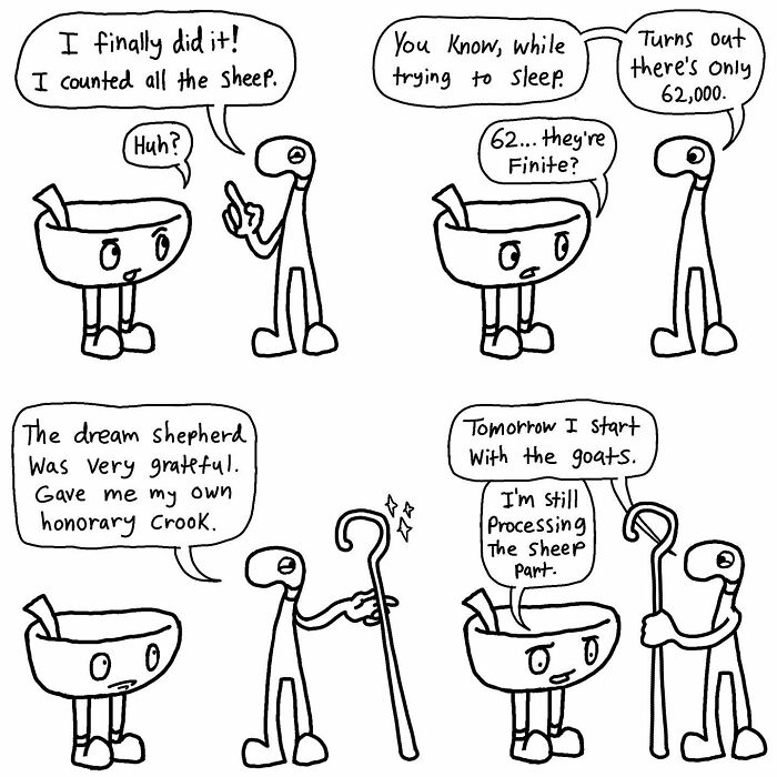 Absurd comic by Boring World Comics featuring witty dialogue about counting sheep and dream shepherds.