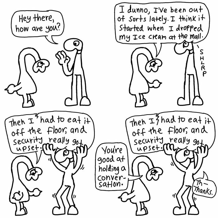 Two characters in a Boring World Comics strip discussing an ice cream incident with humorous dialogue.
