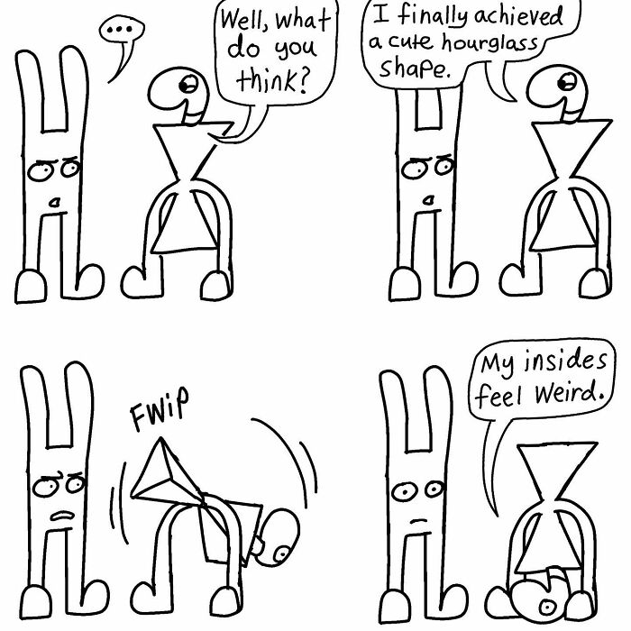 Comic characters discussing an hourglass shape in a witty, absurd dialogue.