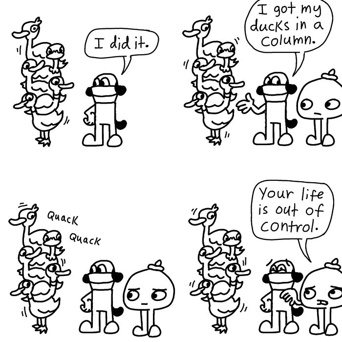 Comic strip featuring absurd humor with ducks stacked in a column, character exclaiming about managing chaos.