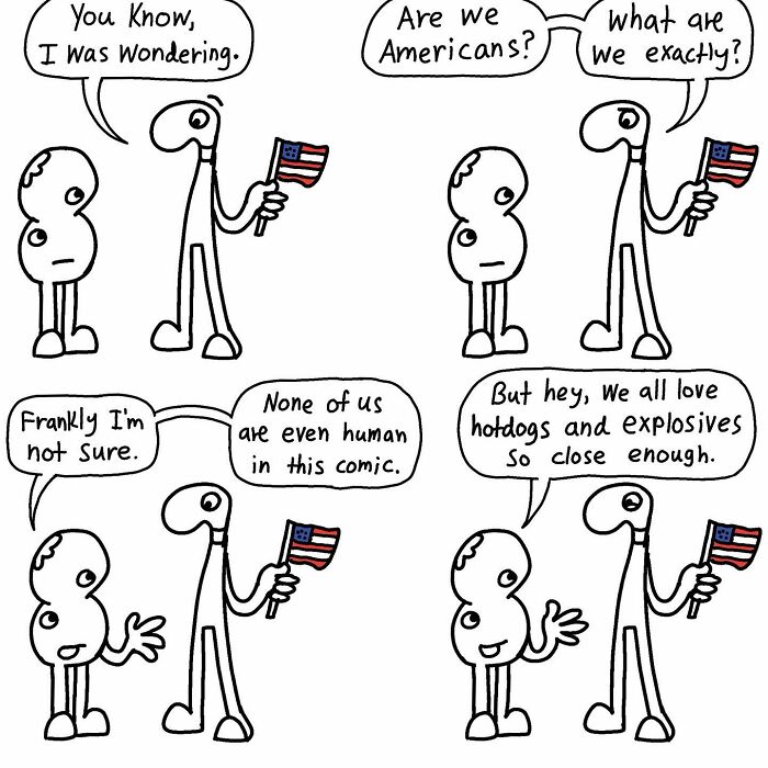 Two characters in a comic discuss nationality, holding flags humorously. Absurdity and wit are highlighted.