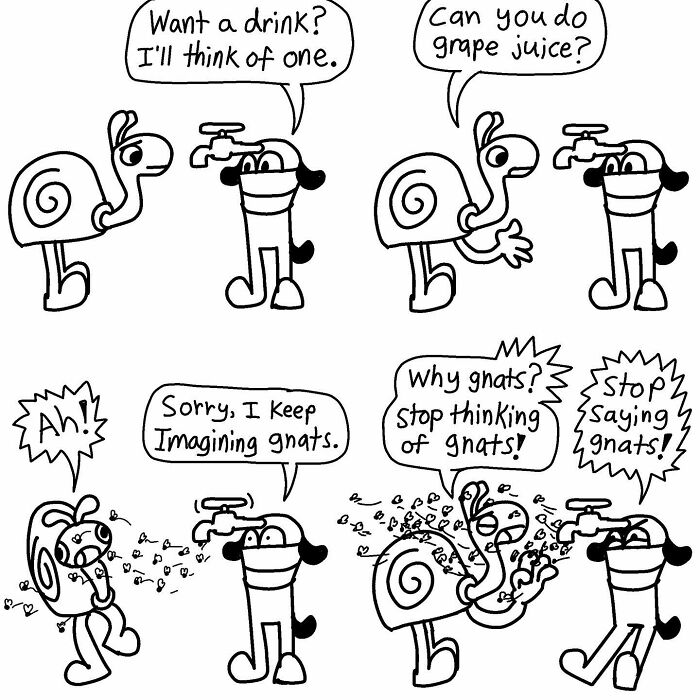 Comic strip featuring absurd interaction between a snail and a tap, blending humor with imagination, showcasing Boring World Comics.
