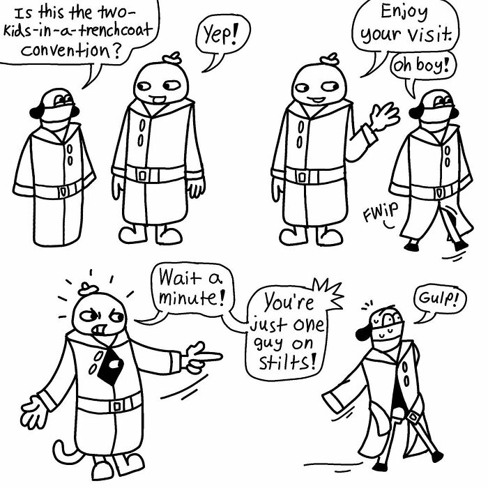 Comic scene by Boring World Comics featuring a person in a trench coat revealed as one guy on stilts.