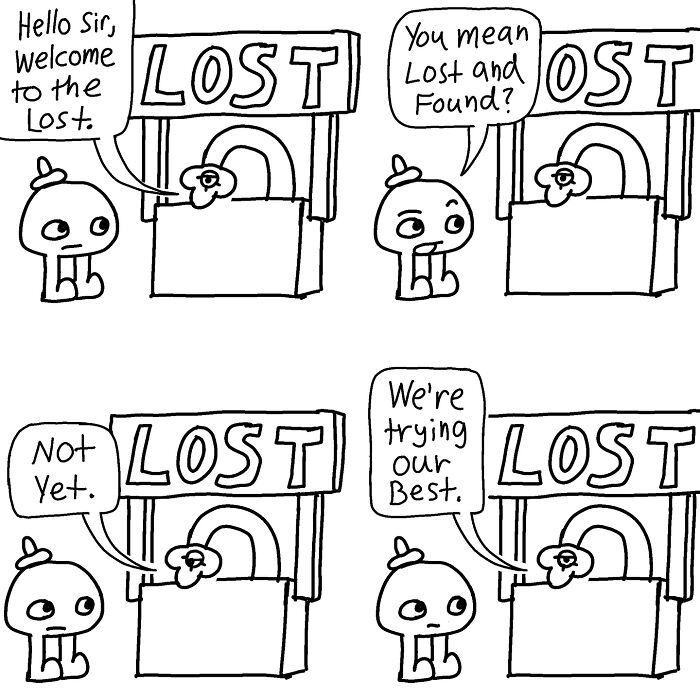 Comic by Boring World Comics showing a "Lost" booth, humorously mistaken for "Lost and Found."