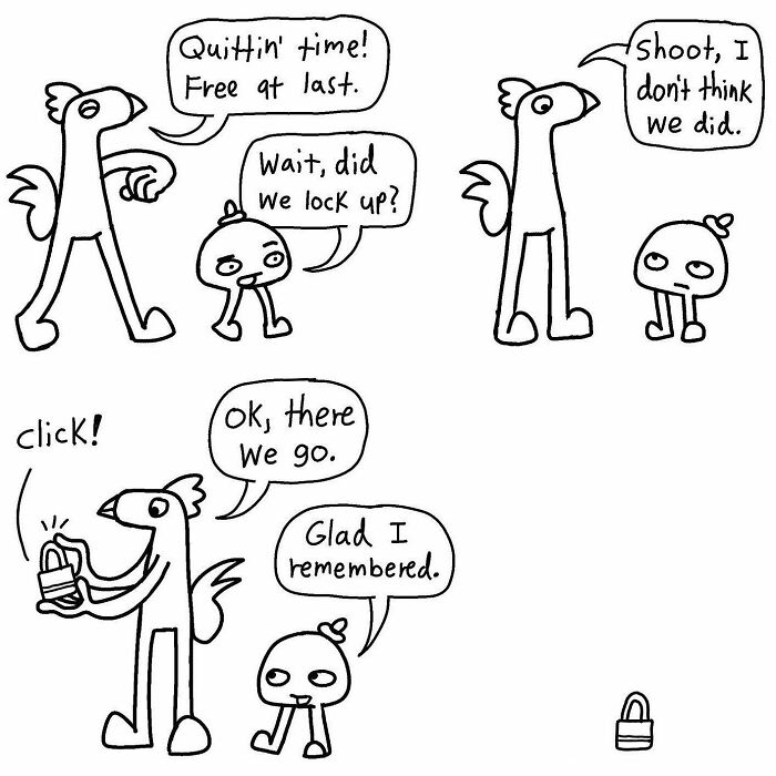 Characters discuss locking up, introducing humor and wit in a Boring World Comic strip.