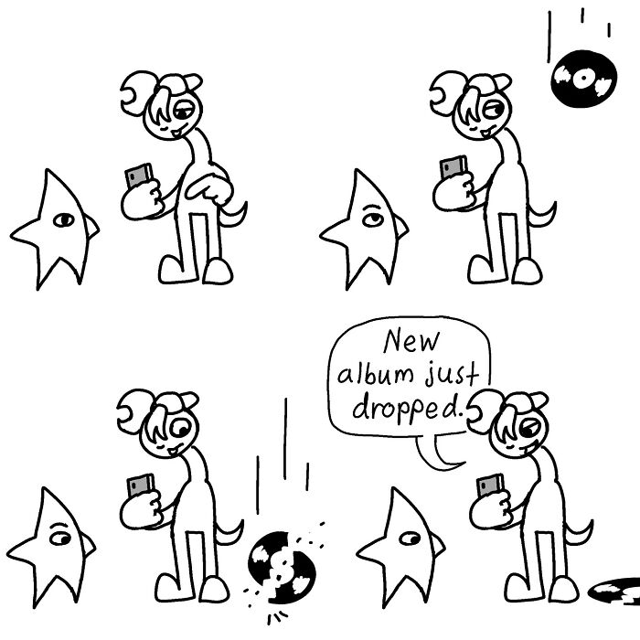 Comic strip by Boring World Comics showing a character noticing a falling album with the phrase "New album just dropped."