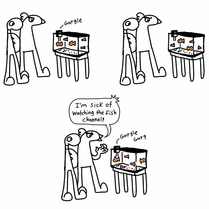 Quirky comic by Boring World Comics featuring characters watching a fish tank with witty commentary.