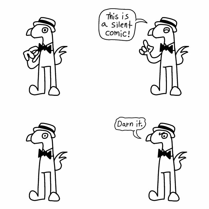 Character in a hat and bow tie frustrated by silent comic sign humor, showcasing absurdity and wit of Boring World Comics.