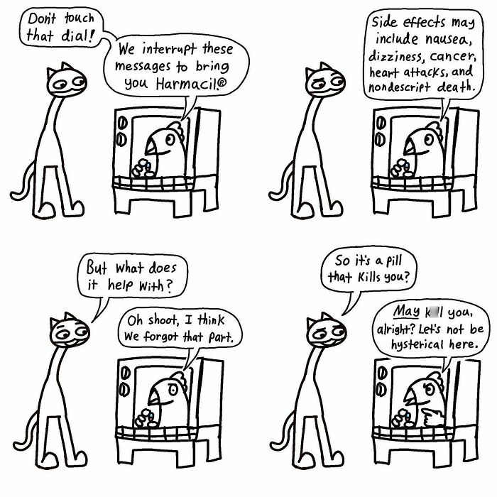 Comic strip by Boring World Comics featuring a humorous interaction about a TV d**g ad with absurd side effects.