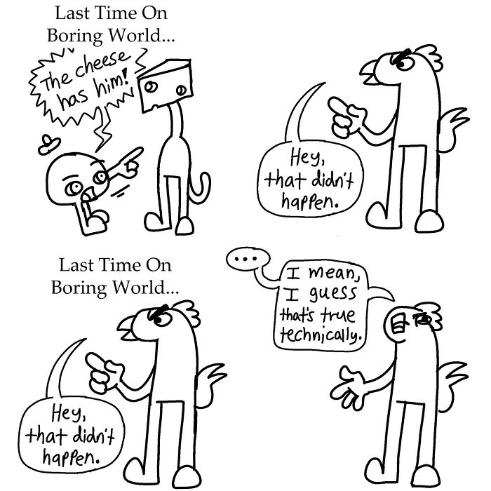 Comic strip from Boring World Comics featuring absurd dialogue with quirky characters.