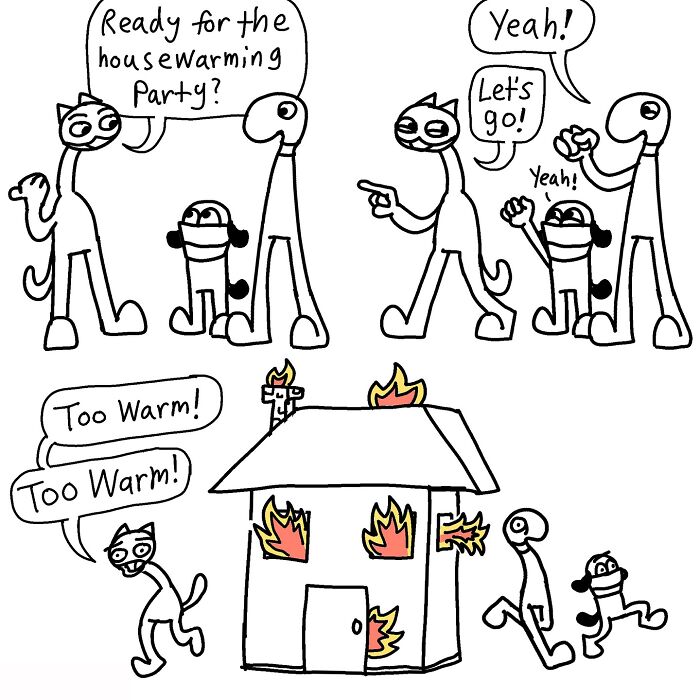 Comic characters at a housewarming party with absurd and witty twist as house catches fire.