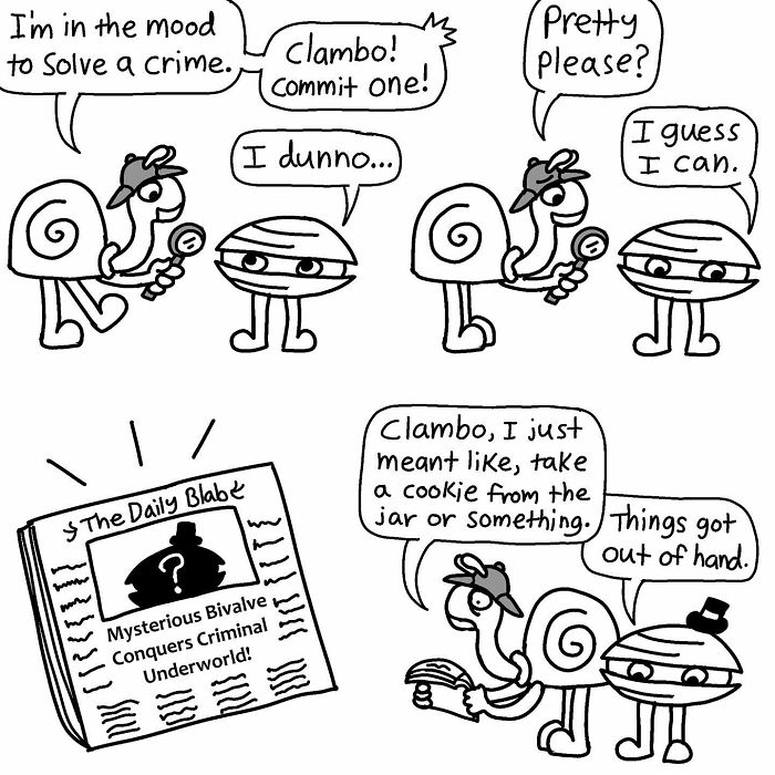 Comic with absurd dialogue, featuring snails discussing crime and a humorous newspaper headline.
