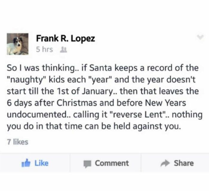 A humorous meme about Santa's "reverse Lent" loophole, highlighting relatable holiday observations.