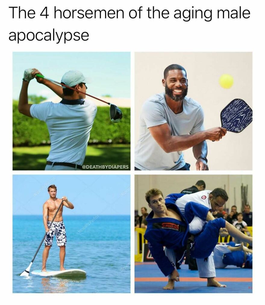 Four men engaged in various sports activities, humorously depicting the joys and challenges of parenthood.