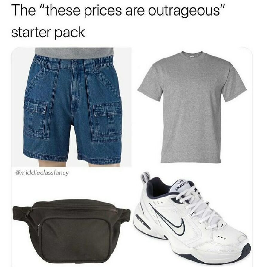 Starter pack meme featuring denim shorts, a gray T-shirt, white sneakers, and a black f***y pack.