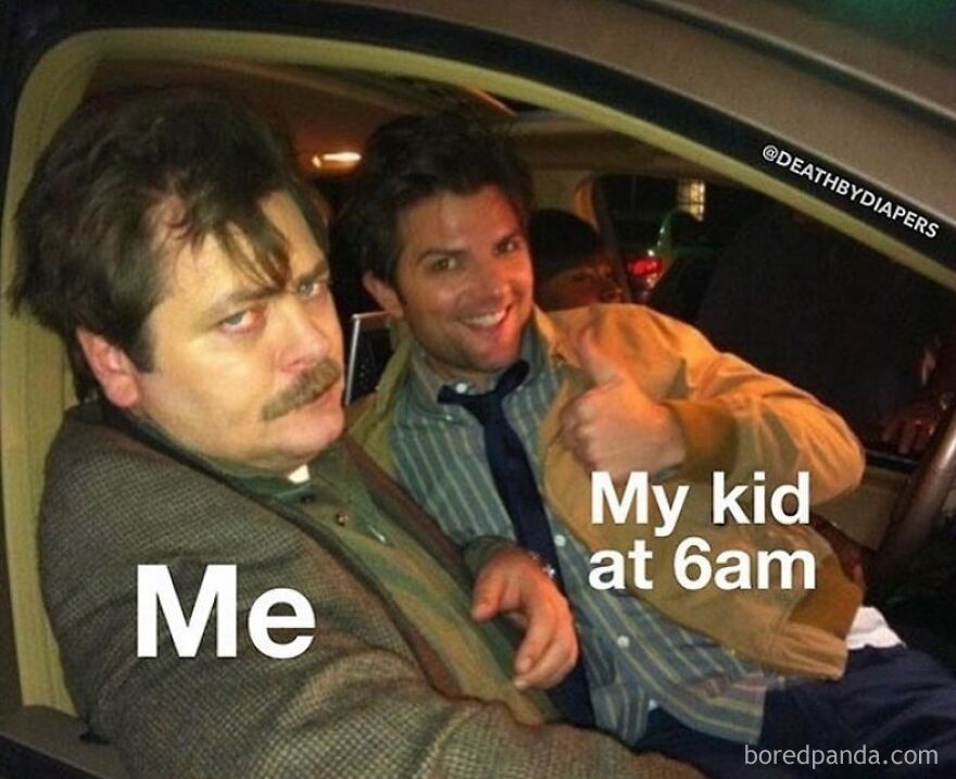 Tired parent and energetic child meme illustrating the humor of parenthood.